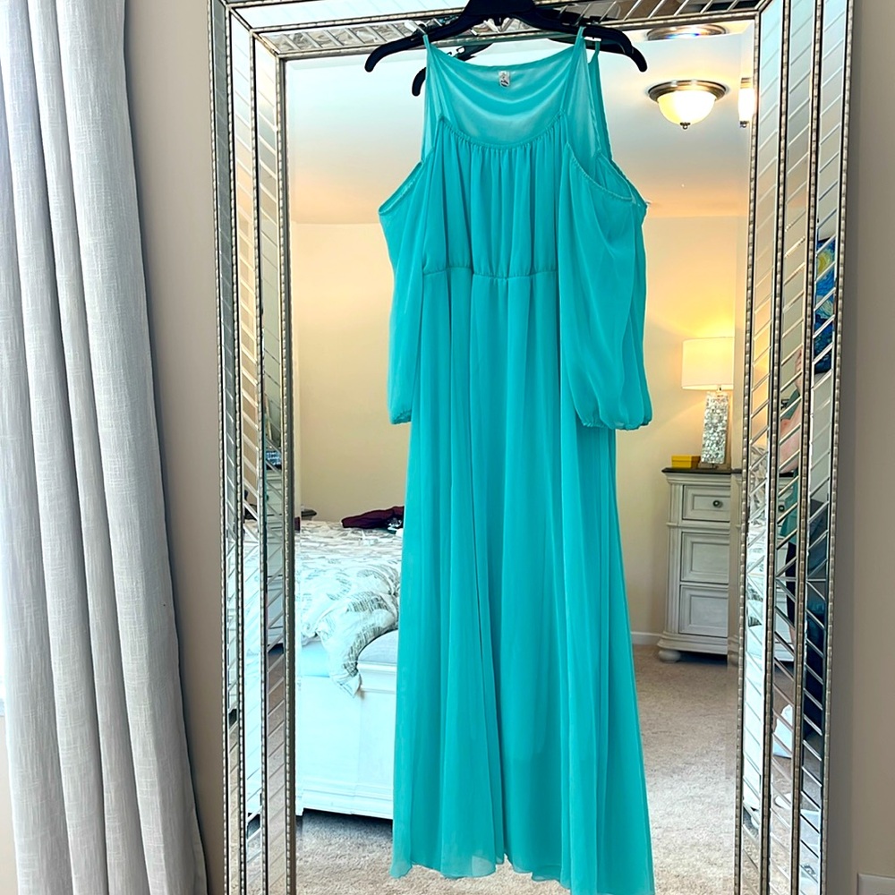 A- Afibi long teal  dress.  Dropped shoulders and front spaghetti straps 2XL
